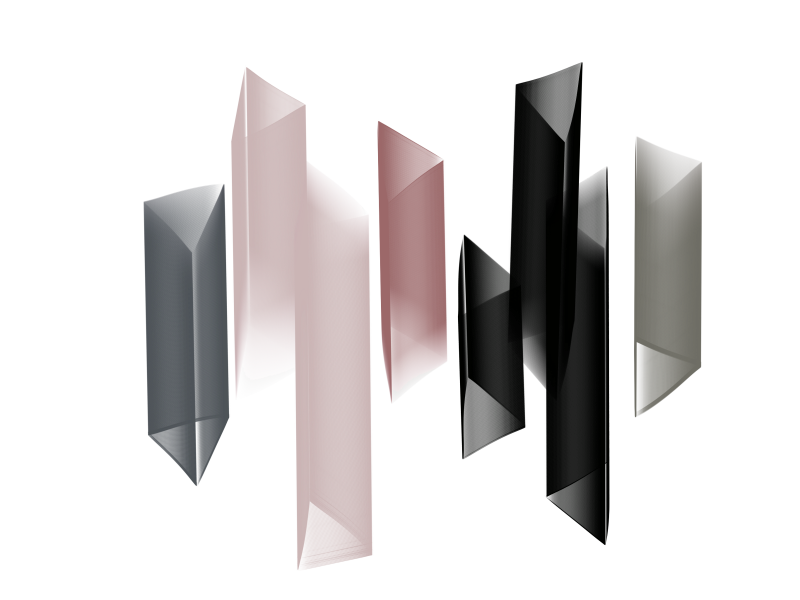 Triangular prisms in grey, pink and black